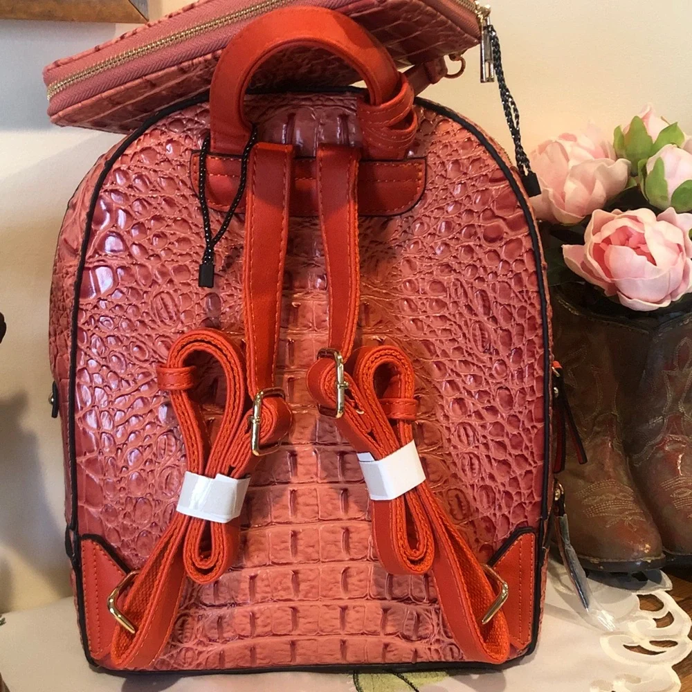Source Unknown Coral Croc-Embossed Backpack with Matching Wristlet